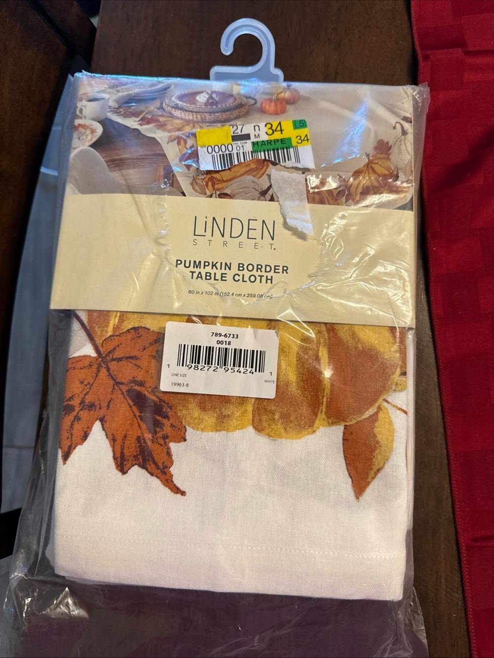Pumpkin Border Table Cloth - White with Autumn Orange Leaves